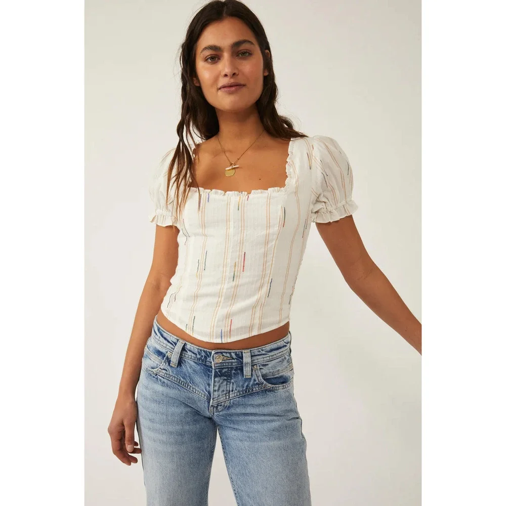 Free People Small New Seratonin Corset Top Cotton Peasant Cop Puff Sleeve White